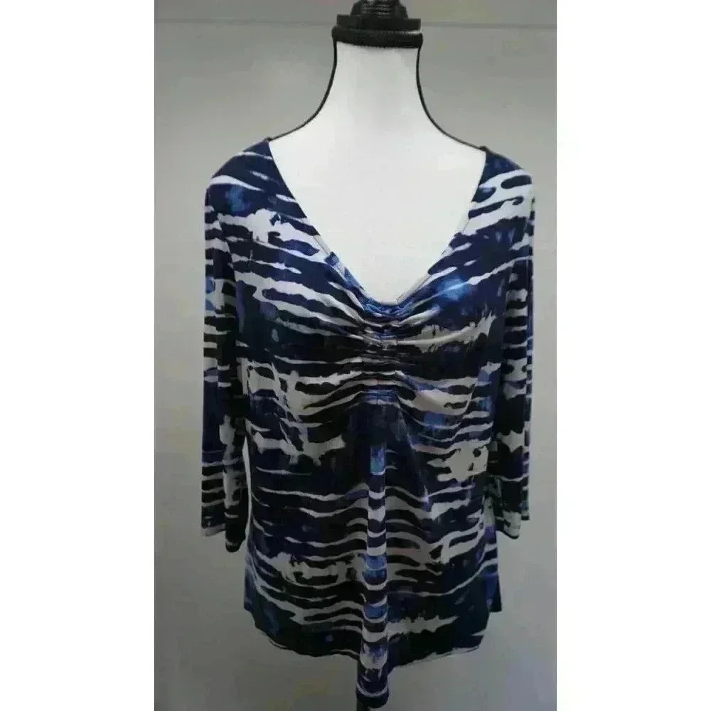 Laura Ashley Ruched Front Blue & White Tie-Dye Print Top; Sz L - See Measurement